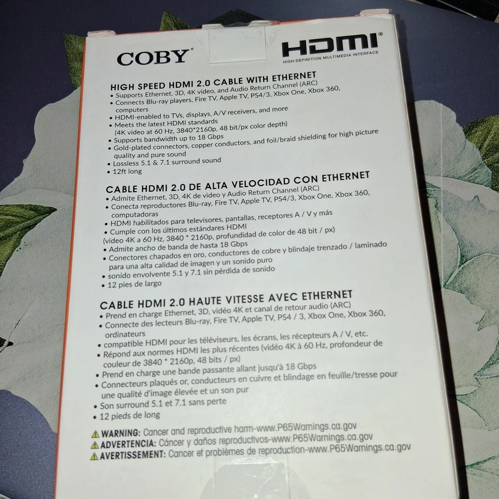 Coby Black 12ft HDMI 4K High-Speed Cable